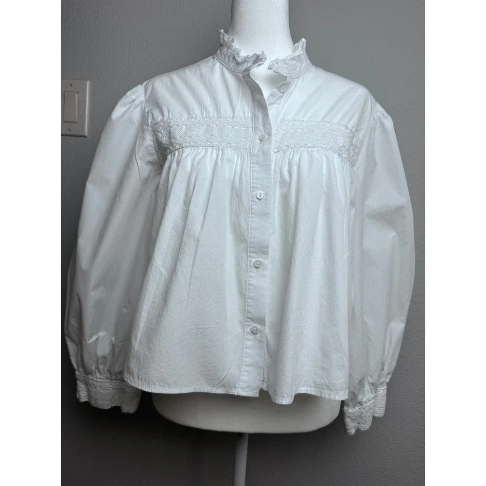 Zara White Cotton Eyelet Lace Ruffle Collar Puff Sleeve Blouse XL Victorian